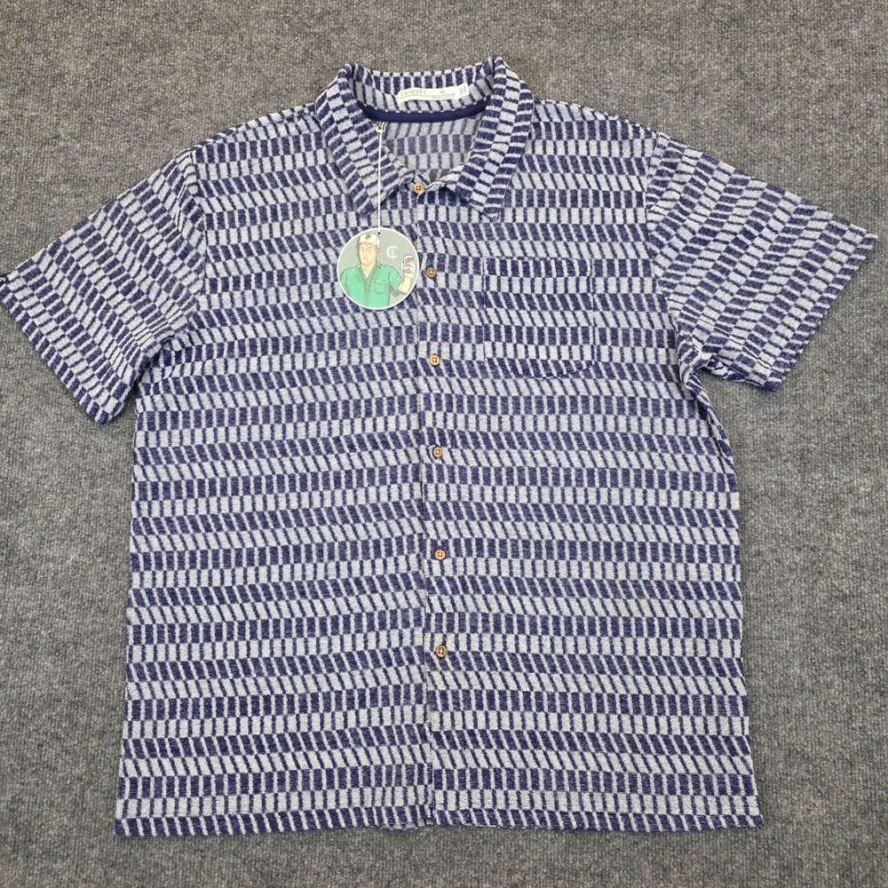 NWT Criquet TerryCloth Players Button Mens XL Blue Jacquard Check Resortwear